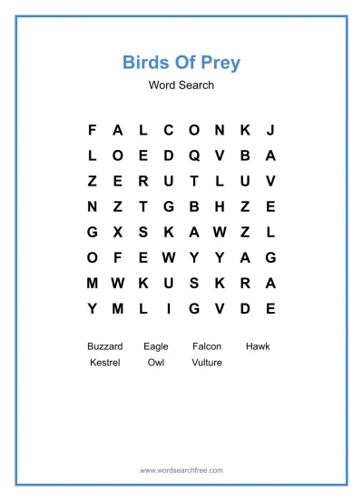 Printable Birds Of Prey Word Search worksheet