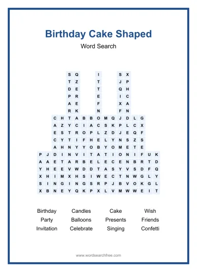 Printable Birthday Cake Shaped Word Search worksheet