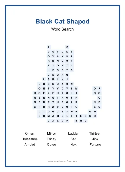 Printable Black Cat Shaped Word Search worksheet