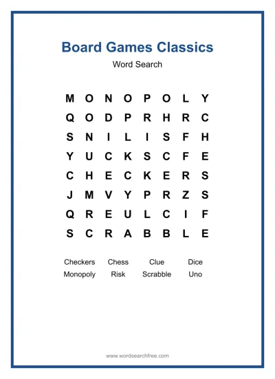 Printable Board Games Classics Word Search worksheet
