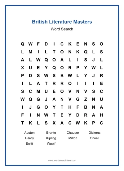 Printable British Literature Masters Word Search worksheet
