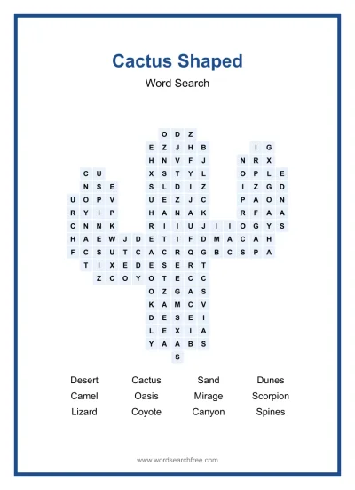 Printable Cactus Shaped Word Search worksheet