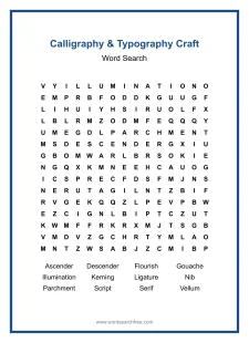 Calligraphy & Typography Craft Word Search - Free printable puzzle with 12 words