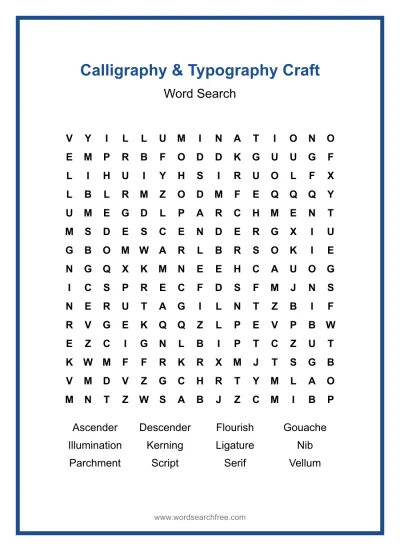 Printable Calligraphy & Typography Craft Word Search worksheet
