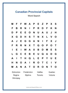 Canadian Provincial Capitals Word Search - Free printable puzzle with 9 words