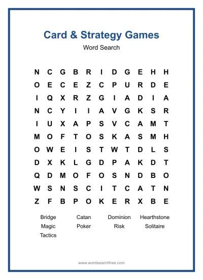 Printable Card & Strategy Games Word Search worksheet