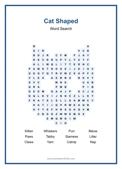 Printable Cat Shaped Word Search worksheet