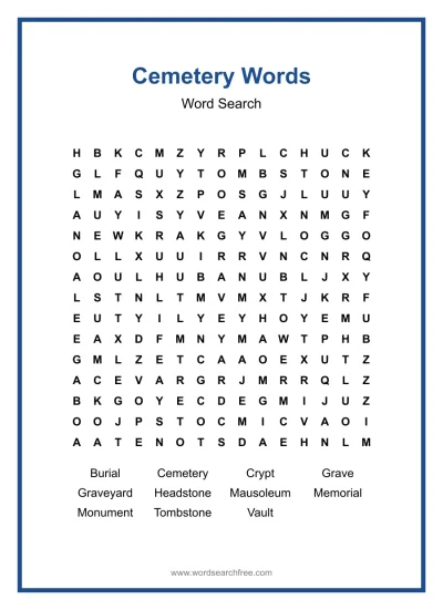 Printable Cemetery Words Word Search worksheet