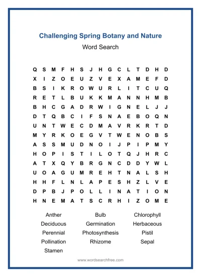 Printable Challenging Spring Botany and Nature Word Search worksheet