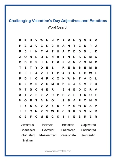 Printable Challenging Valentine's Day Adjectives and Emotions Word Search worksheet