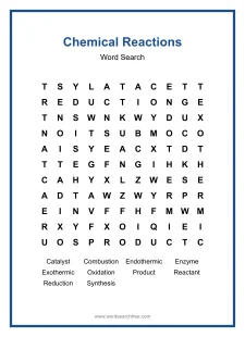 Chemical Reactions Word Search - Free printable puzzle with 10 words