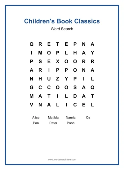 Printable Children's Book Classics Word Search worksheet