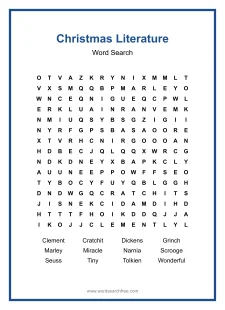 Christmas Literature Word Search - Free printable puzzle with 12 words