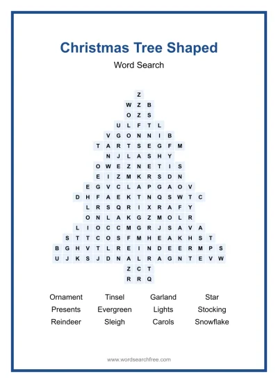 Printable Christmas Tree Shaped Word Search worksheet