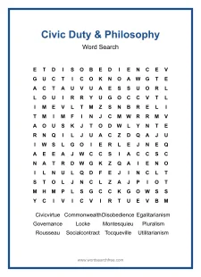 Civic Duty & Philosophy Word Search - Free printable puzzle with 12 words