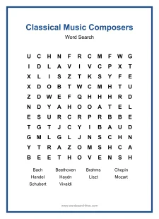 Classical Music Composers Word Search - Free printable puzzle with 10 words
