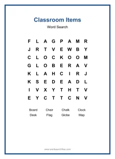 Classroom Items Word Search - Free printable puzzle with 8 words