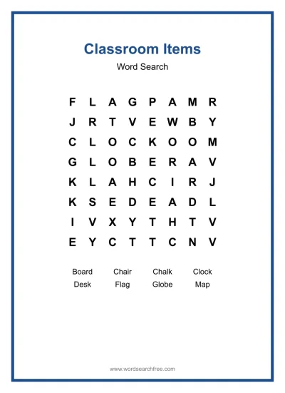Printable Classroom Items Word Search worksheet