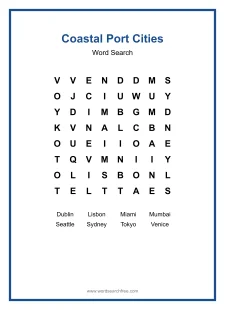 Coastal Port Cities Word Search - Free printable puzzle with 8 words