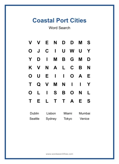 Printable Coastal Port Cities Word Search worksheet
