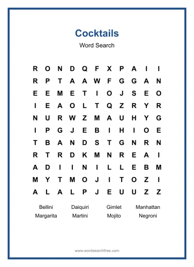 Printable Cocktails Word Search worksheet