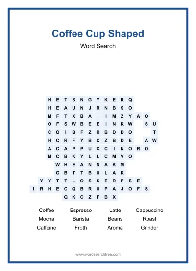 Printable Coffee Cup Shaped Word Search worksheet