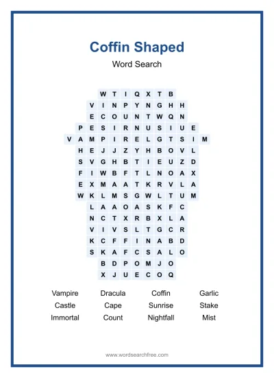Printable Coffin Shaped Word Search worksheet