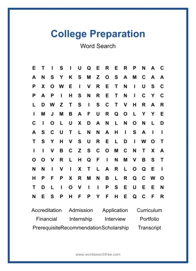 Printable College Preparation Word Search worksheet