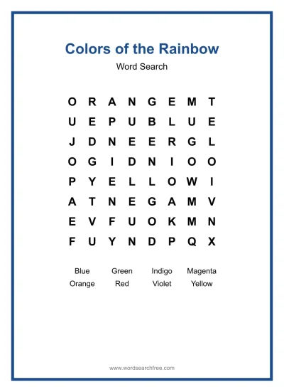 Printable Colors of the Rainbow Word Search worksheet