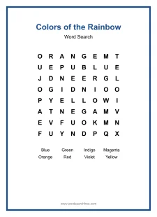 Colors of the Rainbow Word Search - Free printable puzzle with 8 words