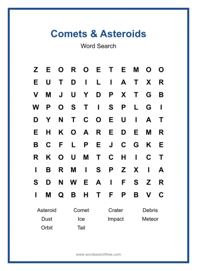 Printable Comets & Asteroids Word Search worksheet