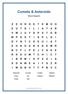 Comets & Asteroids Word Search - Free printable puzzle with 10 words