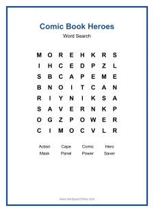 Comic Book Heroes Word Search - Free printable puzzle with 8 words