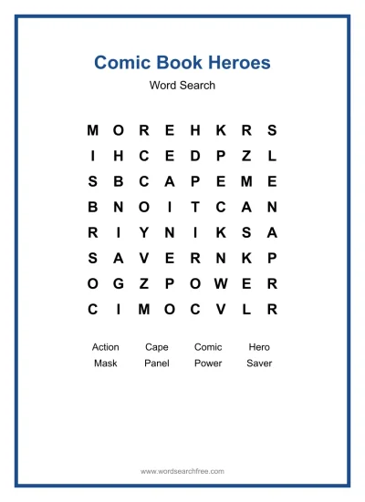 Printable Comic Book Heroes Word Search worksheet