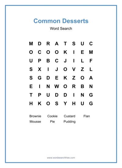 Printable Common Desserts Word Search worksheet