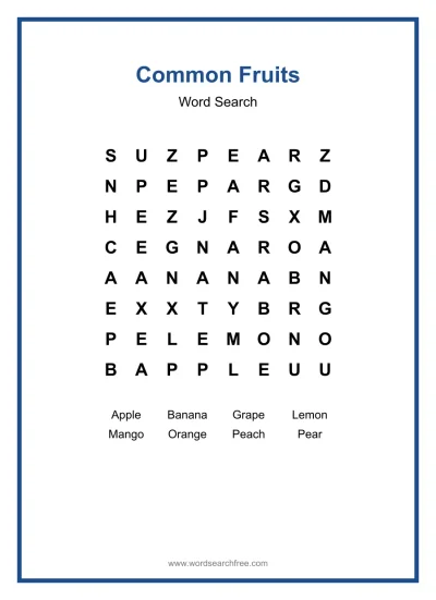 Printable Common Fruits Word Search worksheet