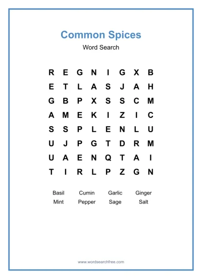 Printable Common Spices Word Search worksheet