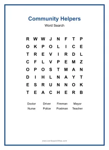 Community Helpers Word Search - Free printable puzzle with 8 words
