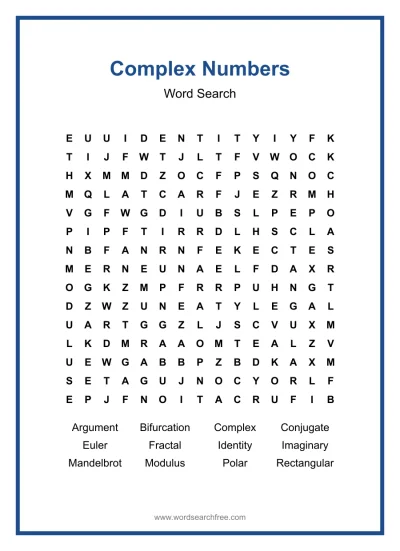 Printable Complex Numbers Word Search worksheet