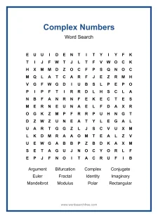 Complex Numbers Word Search - Free printable puzzle with 12 words