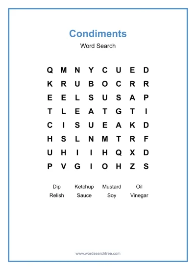 Printable Condiments Word Search worksheet