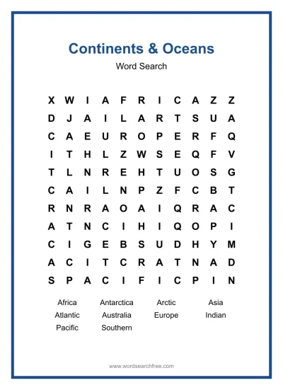 Printable Continents & Oceans Word Search worksheet