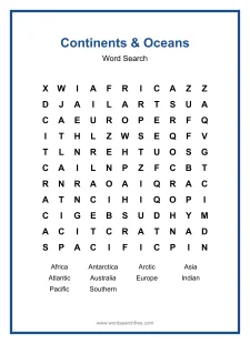 Continents & Oceans Word Search - Free printable puzzle with 10 words