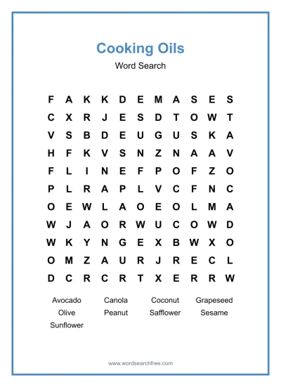 Printable Cooking Oils Word Search worksheet