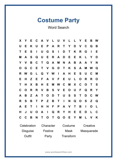 Printable Costume Party Word Search worksheet