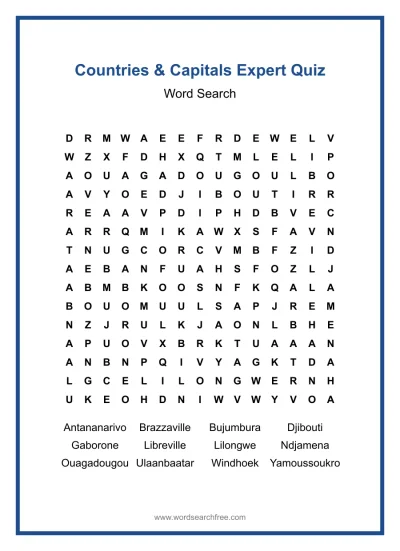 Printable Countries & Capitals Expert Quiz Word Search worksheet