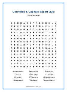 Countries & Capitals Expert Quiz - Hard Word Search Puzzle