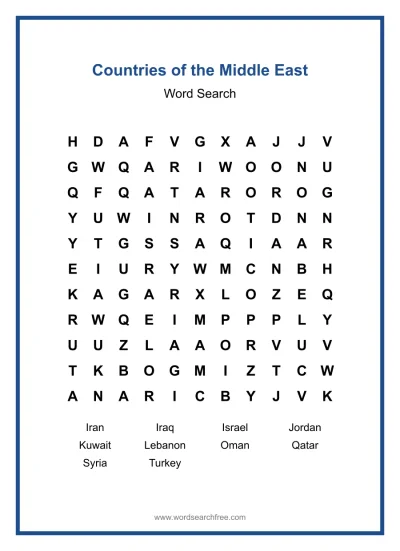 Printable Countries of the Middle East Word Search worksheet