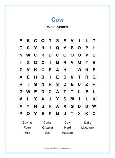 Printable Cow Word Search worksheet