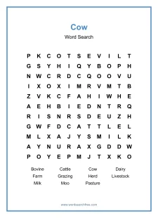 Cow Word Search - Free printable puzzle with 11 words